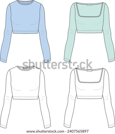 Set of Crop Top technical fashion illustration. Tee Shirt body fashion flat technical drawing template, round neck, square neck, slim fit.