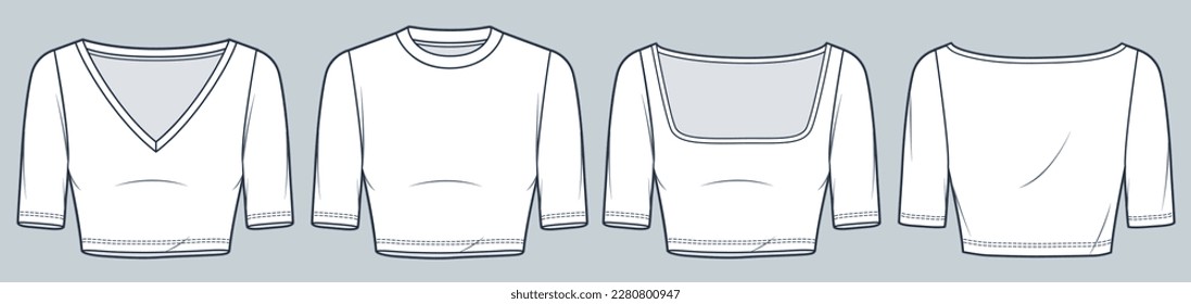 Set of Crop T-Shirt technical fashion illustration. Short Sleeved Top fashion flat technical drawing template, square neck, v neck, crew neck, slim fit, front and back view, white, women CAD mockup. 