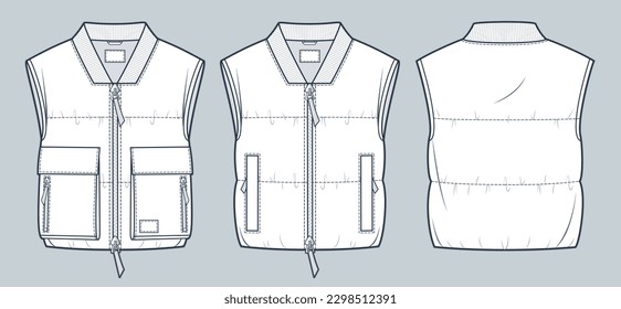 Set of Cropped padded Waistcoat technical fashion Illustration. Sleeveless Bomber Jacket fashion technical drawing template, pocket, zip-up, front, back view, white, women, men, unisex CAD mockup set. svg