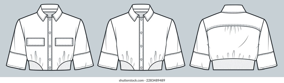 Set of Cropped Shirt technical fashion Illustration. Short Sleeve Shirt fashion flat technical drawing template, button-up, ribbed bottom, front and back view, white, women, men, unisex CAD mockup set