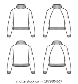Set of cropped Sweaters Exaggerated Turtleneck technical fashion illustration with long raglan sleeves, waist length, knit rib trim. Flat apparel front, back, white color. Women, men unisex CAD mockup