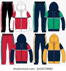 Set of Cropped Sweatshirt, Jogger Pants fashion flat technical drawing template. Sweatshirt, Sweat Pants technical fashion Illustration, front, back view, white, blue, women, men, unisex CAD mockup.