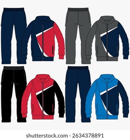 Set of Cropped Sweatshirt, Jogger Pants fashion flat technical drawing template. Sweatshirt, Sweat Pants technical fashion Illustration, front, back view, white, blue, women, men, unisex CAD mockup.