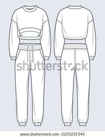 Set of Cropped Sweatshirt, Jogger Pants fashion flat technical drawing template. Unisex Sweatshirt, Jogger Pants technical fashion Illustration, front, back view, white, women, men, unisex CAD mockup.