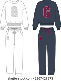 Set of Cropped Sweatshirt, Pants fashion flat technical drawing template. Unisex Sweatshirt, Pants technical fashion Illustration set
