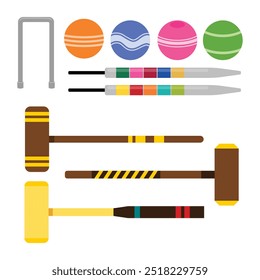 Conjunto de colección de equipo de herramienta de croquet, bola de croquet etiquetada, palo de mazo, aro y clavija. Deporte de verano, campeonato deportivo de Croquet y club deportivo, torneo y juego de campeonato de liga.