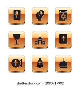 Set Cross ankh book, Christian cross, Church bell, building, Holy grail or chalice, Jewish calendar, tower and  icon. Vector