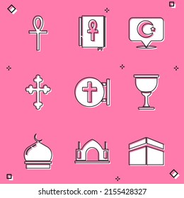 Set Cross ankh, book, Star and crescent, Christian cross, Holy grail or chalice, Muslim Mosque and Hindu spiritual temple icon. Vector