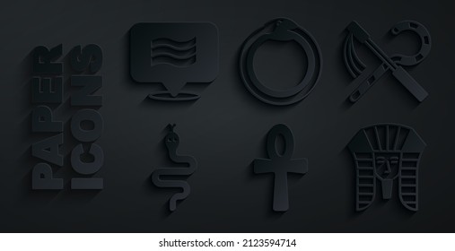 Set Cross ankh, Crook and flail, Snake, Egyptian pharaoh, Magic symbol of Ouroboros and Flag Of icon. Vector