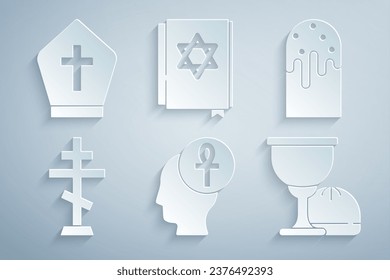 Set Cross ankh, Easter cake, Christian cross, Holy grail or chalice, Jewish torah book and Pope hat icon. Vector