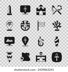 Set Cross ankh, Egypt mummy, Coral, Egyptian house, pharaoh, Eye of Horus, Obelisk Alexandria and Flag Of icon. Vector