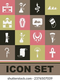 Set Cross ankh, Egyptian lotus, Nefertiti, Snake, mummy in sarcophagus, house,  and pyramids icon. Vector