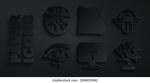 Set Cross ankh, Egyptian Scarab, Eye of Horus, Coral, Map and pharaoh icon. Vector
