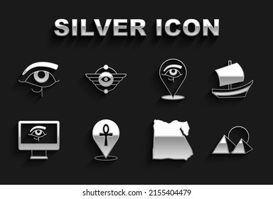 Set Cross ankh, Egyptian ship, pyramids, Map of, Eye Horus on monitor,  and symbol Winged sun icon. Vector