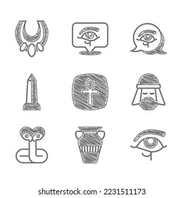 Set Cross ankh, Egyptian vase, Eye of Horus, man, Snake, Obelisk Alexandria,  and necklace icon. Vector