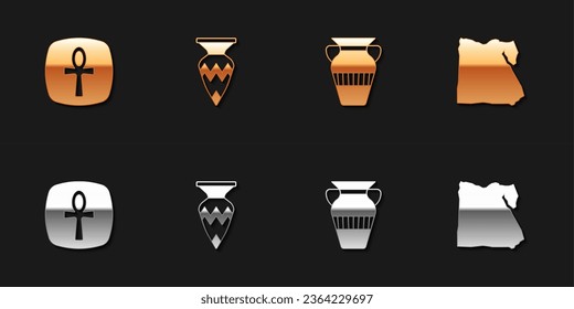 Set Cross ankh, Egyptian vase,  and Map of icon. Vector