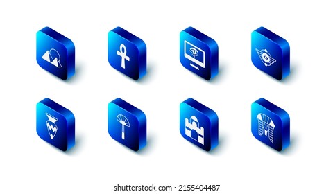 Set Cross ankh, Eye of Horus on monitor, Egyptian symbol Winged sun, pharaoh, house, fan, vase and pyramids icon. Vector