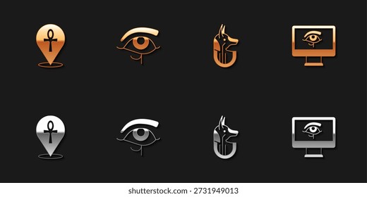 Set Cross ankh, Eye of Horus, Egyptian anubis and on monitor icon. Vector