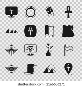 Set Cross ankh, Flag Of Egypt, Map of, Nefertiti, pyramids,  and Papyrus scroll icon. Vector