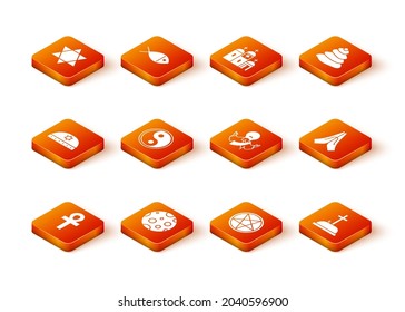 Set Cross ankh, Moon, Jewish kippah with star of david, Yin Yang, Pentagram circle, Jesus Christ, Tombstone cross and Hands praying position icon. Vector