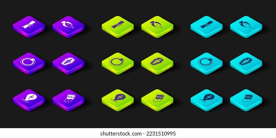 Set Cross ankh, Nefertiti, Magic symbol of Ouroboros, Egypt mummy in sarcophagus, Butterfly fish and Papyrus scroll icon. Vector
