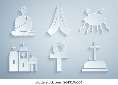 Set Cross ankh, Pastafarianism, Church building, Tombstone with cross, Hands praying position and Buddhist monk icon. Vector