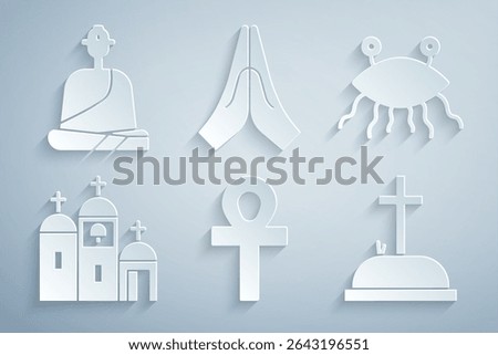 Set Cross ankh, Pastafarianism, Church building, Tombstone with cross, Hands praying position and Buddhist monk icon. Vector