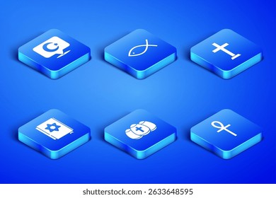 Set Cross ankh, Star and crescent, Easter egg, Jewish torah book, Christian fish and cross icon. Vector