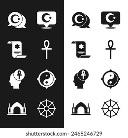 Set Cross ankh, Torah scroll, Star and crescent, Yin Yang, Dharma wheel and Hindu spiritual temple icon. Vector