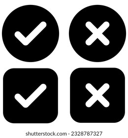 A set of Cross and check mark icons on white background, vector buttons, Black and white vector check mark icons. Illustration.