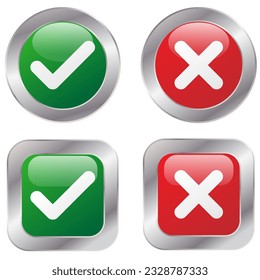 A set of Cross and check mark icons on white background, vector buttons, red and green vector check mark icons. Illustration.