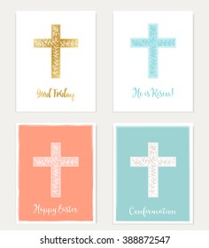 Set of Cross and Flowers Christian Cards. Easter, Good Friday, Confirmation.