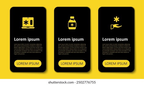 Set Cross hospital medical, Bottle of medicine syrup and Clinical record on laptop. Business infographic template. Vector