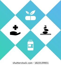 Set Cross hospital medical, Collagen serum, Medical pill with plant and Stack hot stones icon. Vector.
