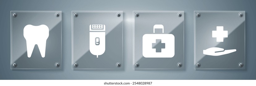 Set Cross hospital medical, First aid kit, Electrical hair clipper or shaver and Tooth. Square glass panels. Vector