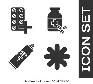 Set Cross hospital medical, Pills in blister pack, Ointment cream tube medicine and Medicine bottle and pills icon. Vector