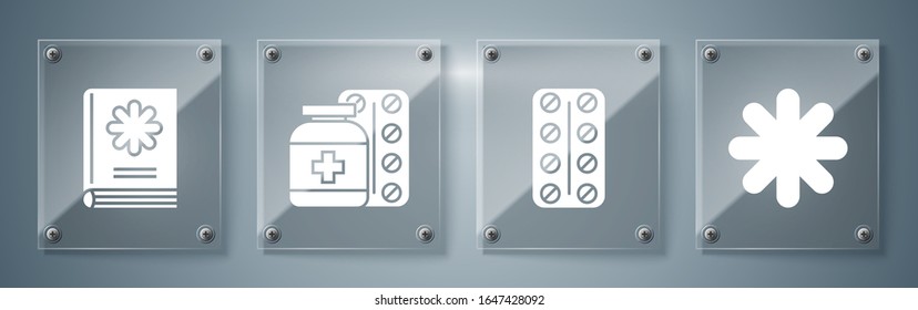 Set Cross hospital medical, Pills in blister pack, Medicine bottle and pills and Medical book. Square glass panels. Vector