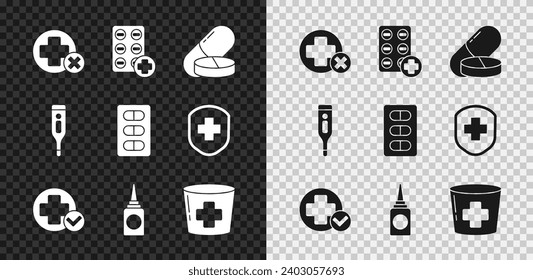 Set Cross hospital medical, Pills in blister pack, Medicine pill or tablet, Bottle nasal spray, Nurse hat with cross, Medical digital thermometer and  icon. Vector