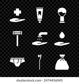 Conjunto médico de hospital de la cruz, tubo de pasta de dientes, cepillo de afeitar, ropa interior, cepillo de dientes, bolsa de basura, afeitadora y lavarse las manos con el icono de jabón. Vector