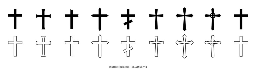 Set of cross icons. Christian, religious symbols of crucifixes in silhouette style
outline. Line art.Vector illustration.