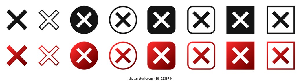 Set von Kreuzsymbolen einzeln auf weißem Hintergrund. Vektorgrafik. Symbol im flachen Design ablehnen oder verbieten