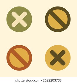 Set of Cross Mark and Ban Icons in Flat Circular Style with Earthy Colors