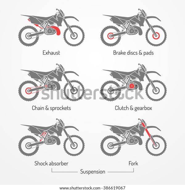 Set\
of cross motorcycle parts. Cross motorcycle symbols in silhouette\
style. Cross motorcycle vector stock illustration. Motorcycle shop\
icons, fork, shock absorber, chain, exhaust,\
brakes.