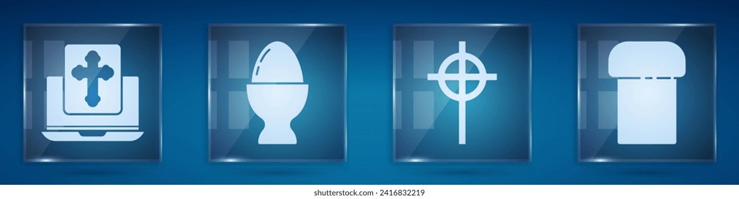 Set Cross on the laptop screen, Easter egg on a stand, Christian cross and Easter cake. Square glass panels. Vector