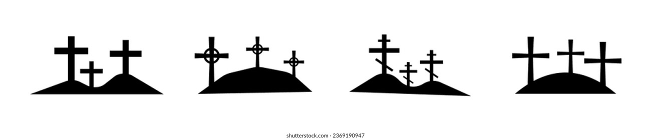 Set of cross on mountains. Christian crosses on hill. Religion symbol. Vector 10 Eps.