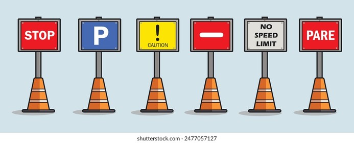 Set of cross road signs. No entry, parking, stop, warning, no speed limit, and pare