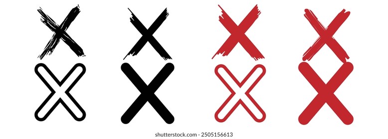 Set of cross signs with grunge. Red cross X mark collection. Red cross signs are isolated on white background. Vector.