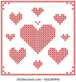 Set of cross stitch embroidery hearts. Different sizes. Art vector illustration