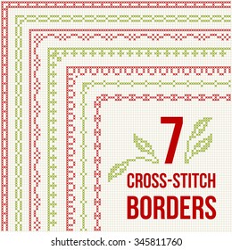 Set of cross stitch pattern for thin borders. Geometric frames for cross-stitch embroidery in classic style. Red and green, vector illustration.
