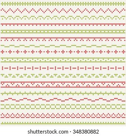 Set of cross stitch pattern for thin borders. Geometric frames for cross-stitch embroidery in classic style. Red and green, vector illustration.